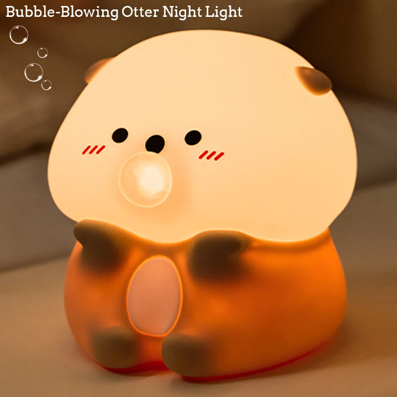 Adorable Bubble-Blowing Otter Silicone Night Light Soft Glow for Bedside Lamp Funny Kid Gift for Toddler Safe Cute Nursery Decor